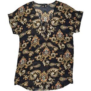 J. Crew Sheer Short Sleeve V-Neck Tie Front Accent Blouse Black & Patterned XS‎